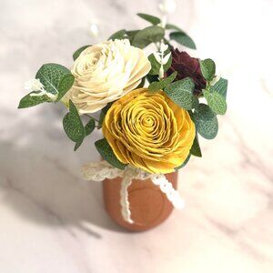 Sola Wood Flower Cream Burgundy Rose Arrangement in Gold Mason Jar, Home Decor